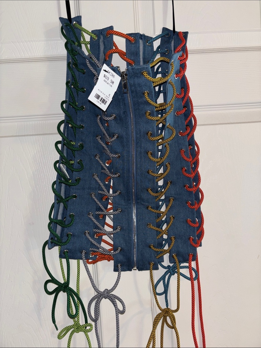 AKIRA Blue Denim Lace-Up Corset Top with Multicolor Side Laces